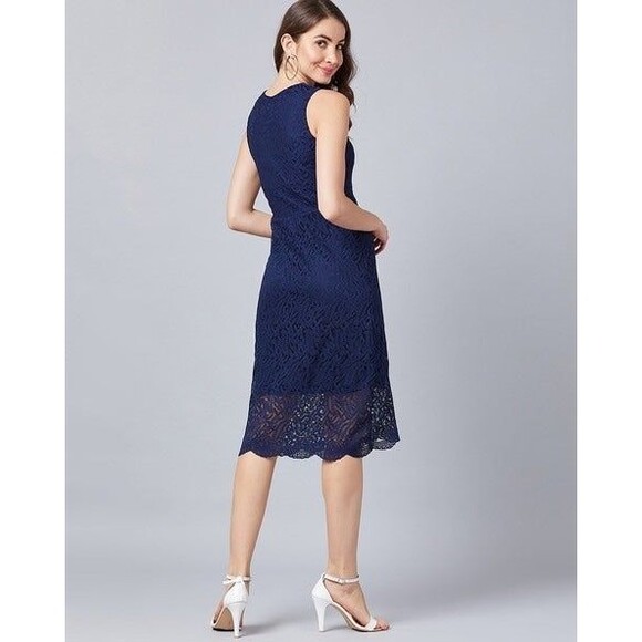OSERJEP Scallop Eyelet Floral Lace Surplice V Neck Sheath Midi Dress Back Slit S - Picture 2 of 7